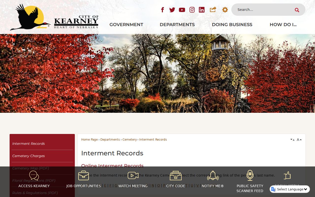 Kearney city directory cemetery interment index page