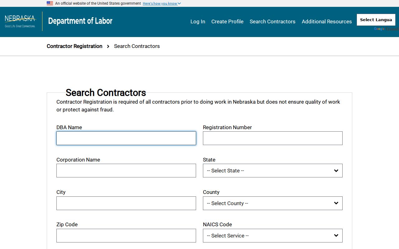 Nebraska contractor registration search interface