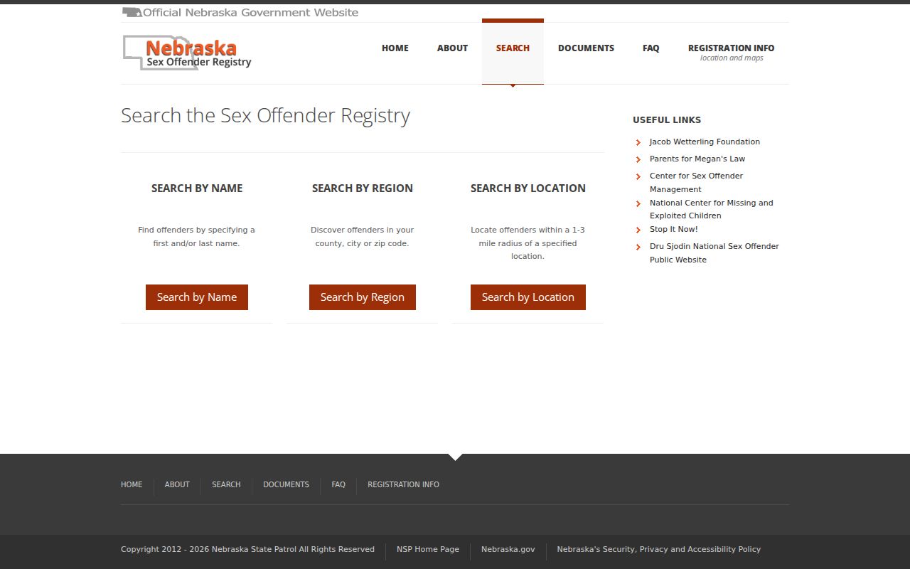 Nebraska public sex offender registry search page