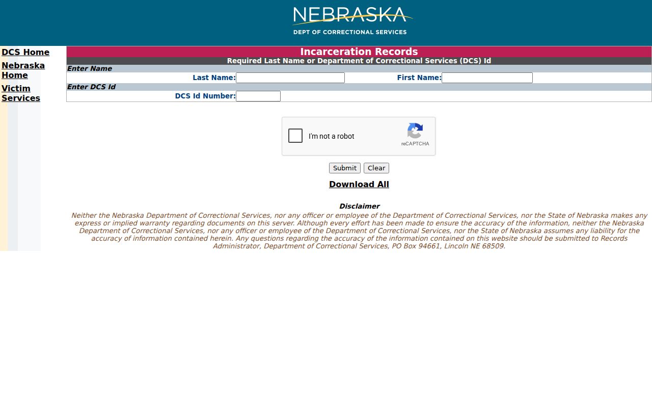 Nebraska Department of Correctional Services inmate search screen