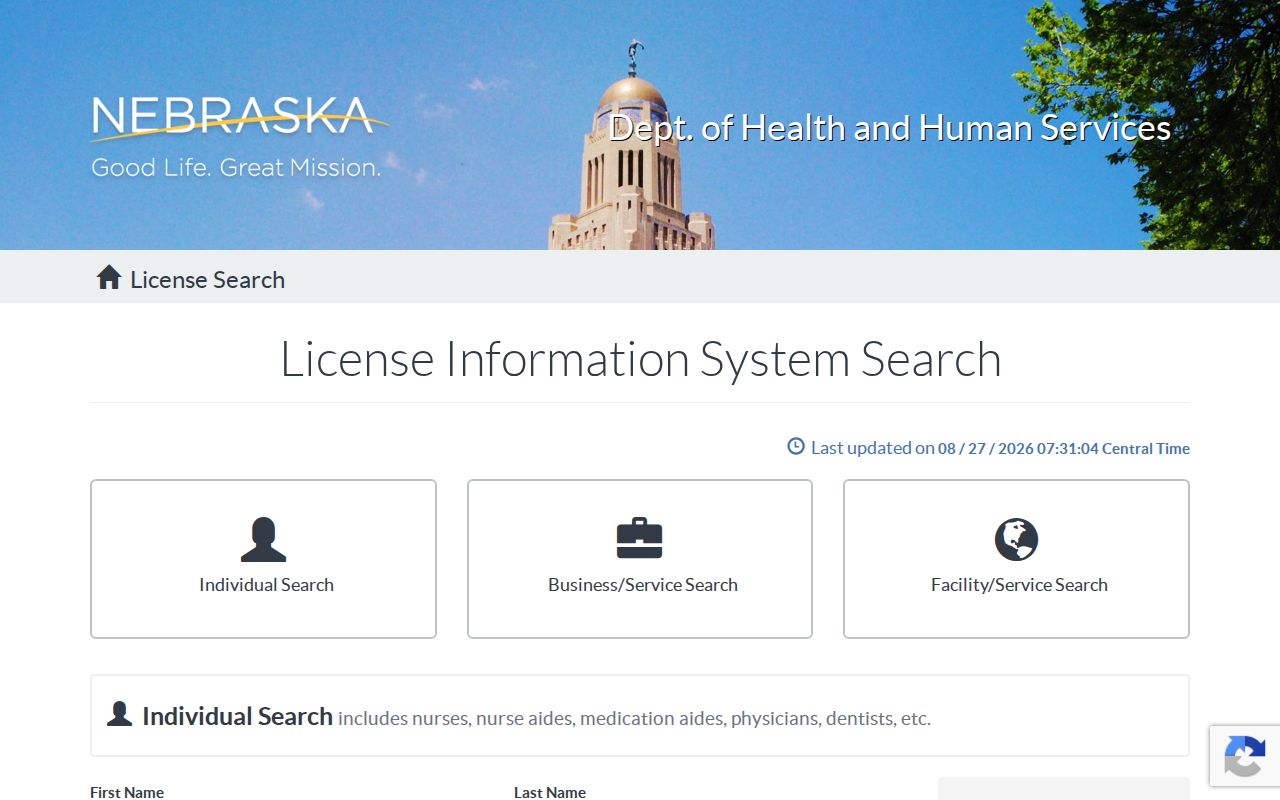 Nebraska HHS license information search interface
