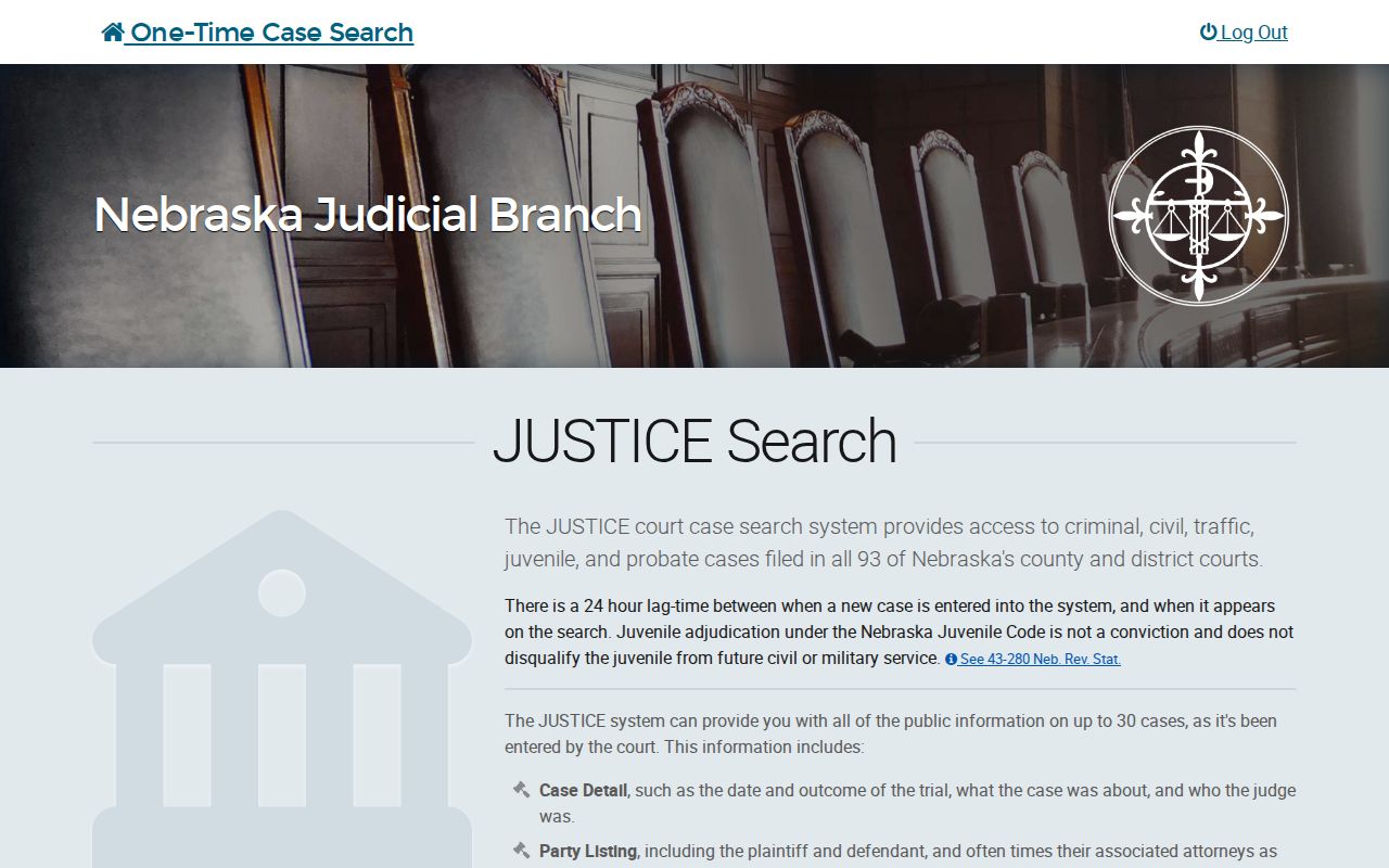 Nebraska JUSTICE court case search page