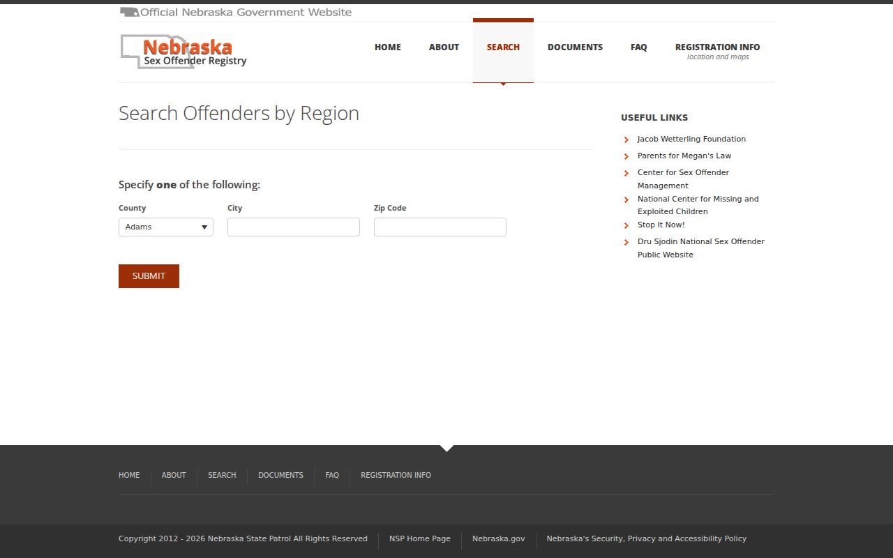 Kearney neighbors Nebraska registry region-search controls and public-use warning